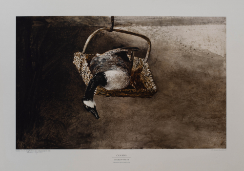 Print depicting a Canadian goose hanging in basket; brownish-grey background.