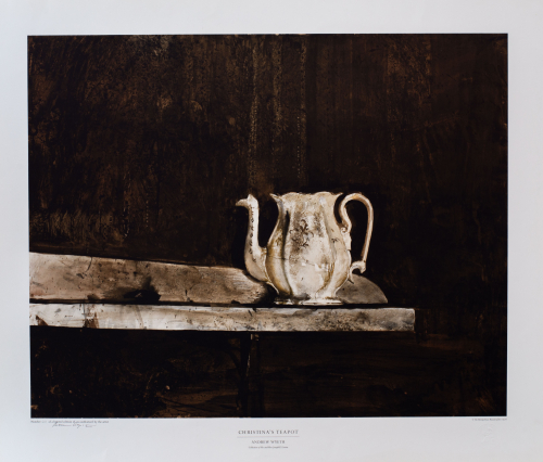 A print depicting an aged white teapot sitting on shelf; dark-brown background