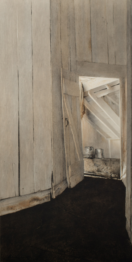A depiction of the interior of a cooling shed looking down a hall into a doorway of a room.