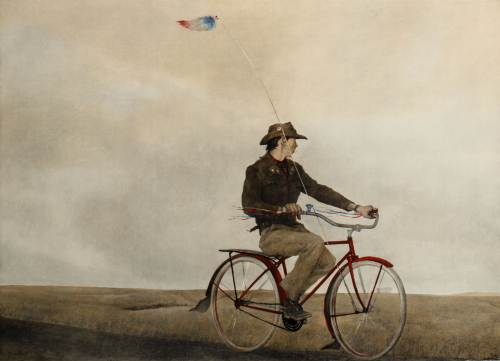 A depiction of young man riding red bicycle with handlebar streamers and wind sock. Wearing brown jacket, and hat.