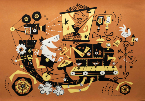 A mid-century inspired cartoonish illustration of a machine/vehicle composed of a projection of a woman and martinis. 