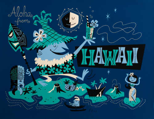 A stylized mid-century inspired illustration in shades of blue with pops of pale yellow depicting Hawaiian inspired imagery.  