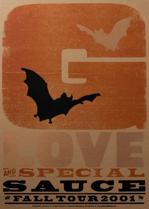 An event poster dominated by a large orange "G" and two silhouetted black bats, lower half of poster has text about event. 