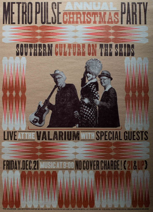 An event poster composed of text, red/white/pink diamond shapes, and a central image of three figures who appear to be musicians