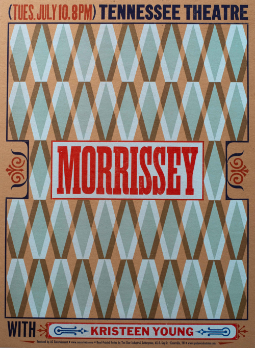 An event poster dominated by five rows of light blue/aqua and brown diamond shapes and the central word "Morrissey." 