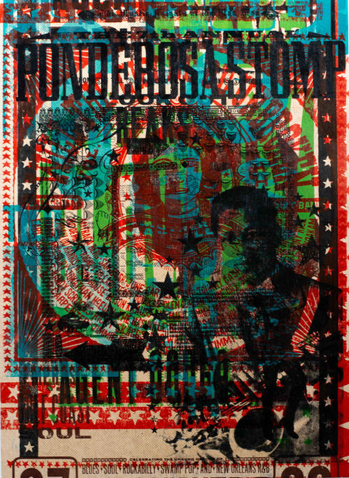 A busy text and image collage dominated by the word "Ponderosa Stomp" as well as a figure with a saxophone in the lower right.