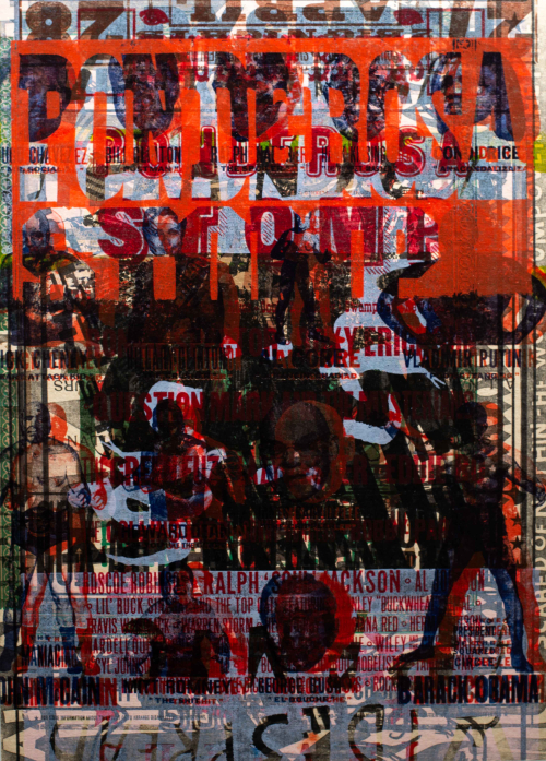 A busy text and image collage dominated by figures and faces and more subtly the words "Ponderosa Stomp."