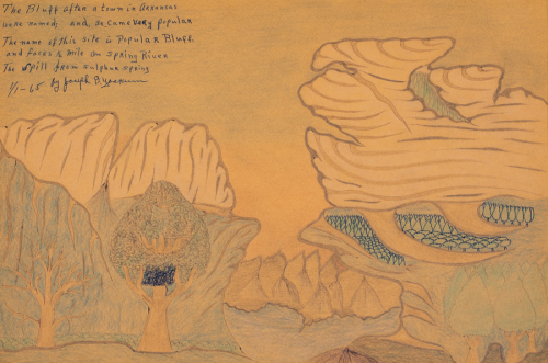 Stylistic landscape with trees and a bluff. Text written in pen about the bluff in the upper left hand corner
