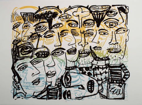 Contour representations of numerous heads and eyes packed tightly 