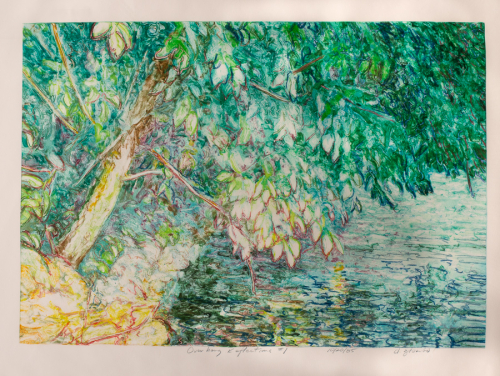 Depiction of leaf-filled tree overhanging the water from a bank to the left. Colors: greens, blues, browns, and yellows.
