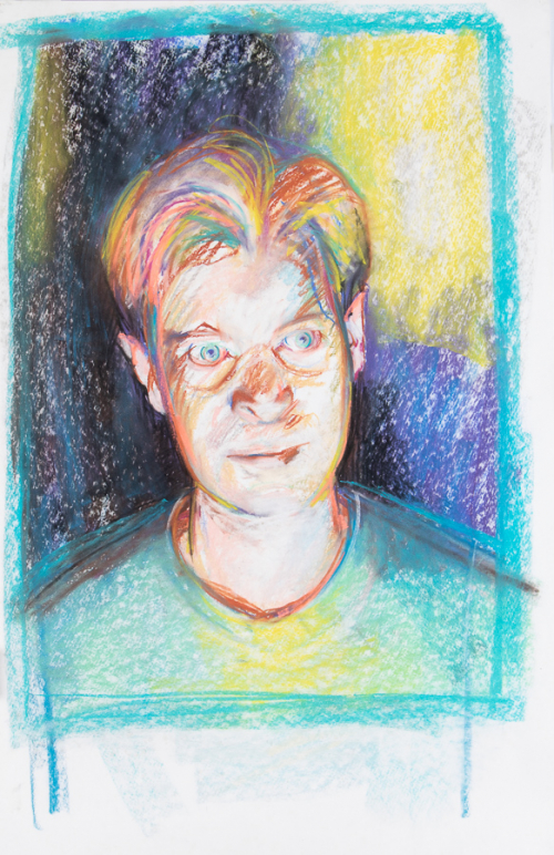 pastel drawing of a figure, primarily head and shoulders, with stark lighting and colored in greens, blues, blacks, and yellows 