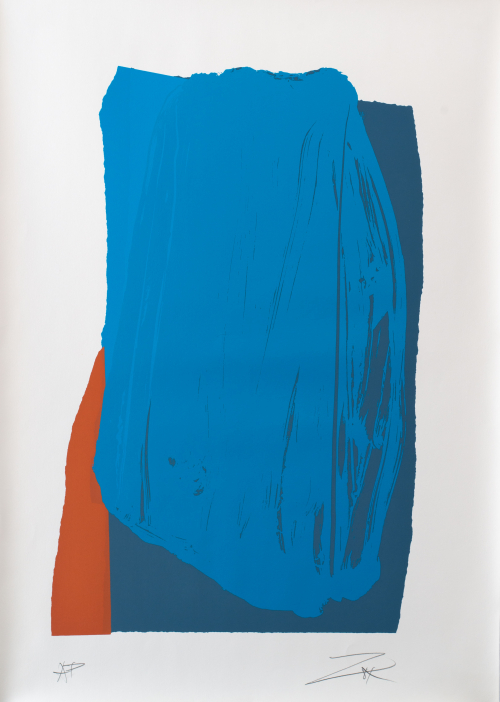 A non-figurative abstract print of brush-y blocks of color layers and centralized turquoise, blue-grey, red-orange.