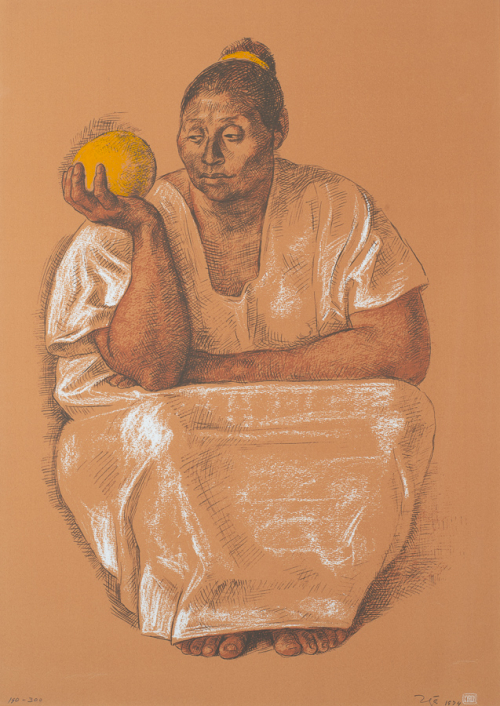 Large woman sitting/squatting and holding a piece of fruit; dominant red/brown background, white highlights