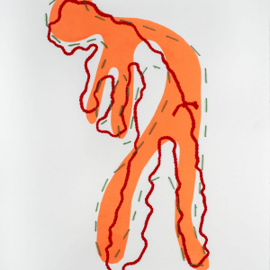 figure in orange with loose tracings in solid red and dashed green