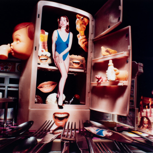 Complex collage, female figure in a refrigerator