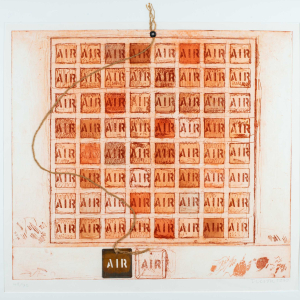 word "air" stenciled; repeated in each grid; twine riveted to top; hanging down with metal stencil connected