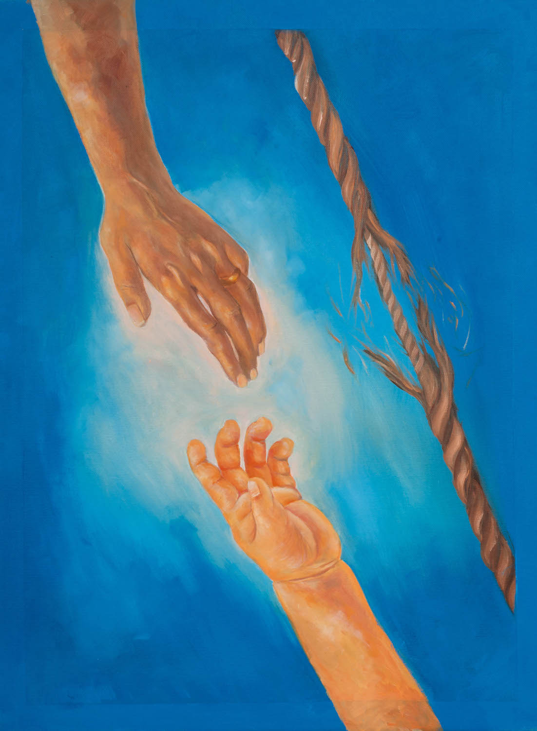 adult hand and child hand reaching for each other next to a rope fraying in the middle
